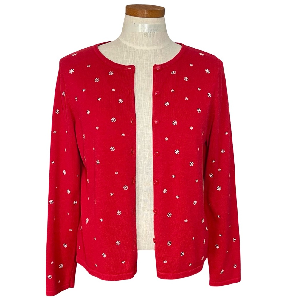 Christopher & Banks Red Button up Cardigan White Embroidered Snowflakes SzM